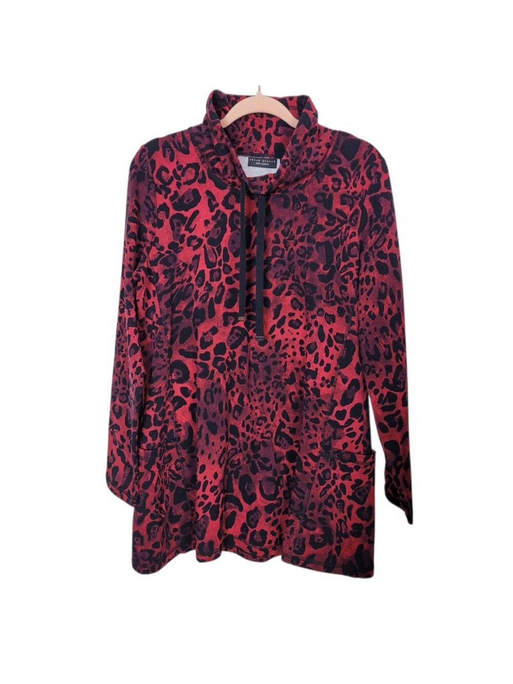 Susan Graver Weekend Red Black Animal Print Cotton Tunic Pockets Mock Neck Med